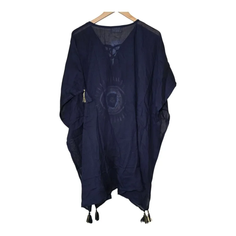 Rhea Evil Eye Brief Kaftan Beach Cover Up Navy Blue Gold Sequin Tassels O/S NWT